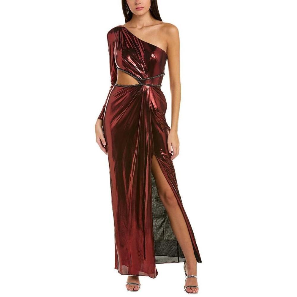 Marchesa Notte One-Shoulder slit Gown Metallic Red Cut Out Maxi Midi Dress 8 NWT